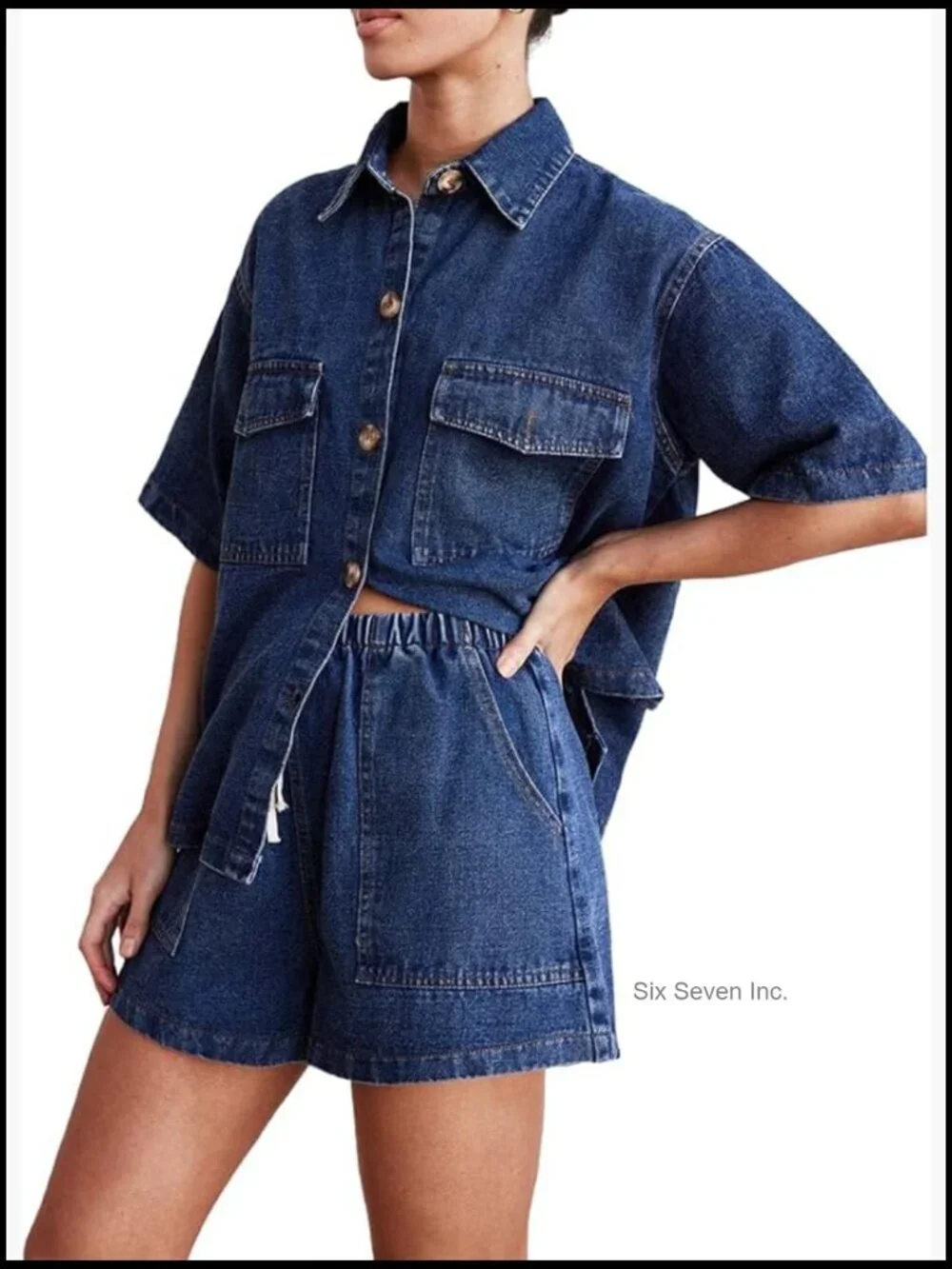 Women's Denim 2 Piece Outfits Short Sleeve Button Down Shirt Drawstring Shorts